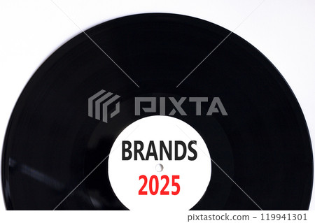 Planning brands 2025 new year symbol. Concept words Brands 2025 on beautiful white and black vinyl disk. Beautiful white background. Business brands 2025 new year concept. Copy space. Planning brands 2025 new year symbol. Concept words Brands 2025 on beautiful white and black vinyl disk. Beautiful white background. Business brands 2025 new year concept. Copy space. 119941301