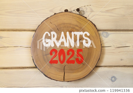 Planning grants 2025 new year symbol. Concept words Grants 2025 on beautiful wooden circle. Beautiful wooden wall background. Business grants 2025 new year concept. Copy space. Planning grants 2025 new year symbol. Concept words Grants 2025 on beautiful wooden circle. Beautiful wooden wall background. Business grants 2025 new year concept. Copy space. 119941336