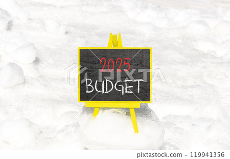 Planning 2025 budget new year symbol. Concept words 2025 Budget on beautiful yellow chalk blackboard. Beautiful white snow background. Business 2025 budget new year concept. Copy space. 119941356