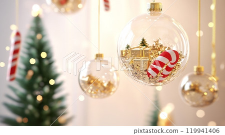 Minimalist Christmas Scene with Floating Glass Baubles Filled with Gold Confetti, Candy Cane, and Festive Decorations on a Soft Cream Background  119941406