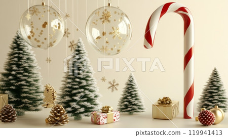 Minimalist Christmas Scene with Floating Glass Baubles Filled with Gold Confetti, Candy Cane, and Festive Decorations on a Soft Cream Background Minimalist Christmas Scene with Floating Glass Baubles Filled with Gold Confetti, Candy Cane, and Festive Decorations on a Soft Cream Background 119941413