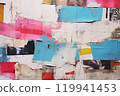 Urban Tapestry A Visual Symphony of Old Wrinkled Grunge Ripped Torn Placard Posters Background, Featuring Weathered Advertising Poster Pieces in White, Pink, Blue, and Yellow Colors on a Wall.. 119941453