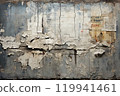 Chronicles of Decay Exploring Time's Tapestry in an Old Wrinkled Grunge Ripped Torn Placard Newspaper Background. Weathered Advertising Poster Pieces Unfold Stories in White, Pink, Blue, and Yellow 119941461