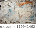 Chronicles of Decay Exploring Time's Tapestry in an Old Wrinkled Grunge Ripped Torn Placard Newspaper Background. Weathered Advertising Poster Pieces Unfold Stories in White, Pink, Blue, and Yellow 119941462