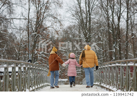 Back view of young family with child walking on bridge together and holding hands enjoying day in winter park copy space Back view of young family with child walking on bridge together and holding hands enjoying day in winter park copy space 119941742