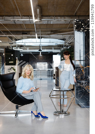 Two Professional Women Collaborating in Modern Office Setting 119941799