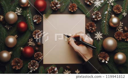 Overhead Close-Up of a Hand Writing Christmas Greeting Cards on Blank Paper Surrounded by Festive Holiday Elements 119941812