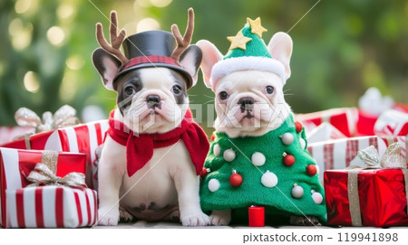 Festive Dogs in Christmas Costumes  Snowman and Christmas Tree Outfits with Gifts in Forest Setting 119941898