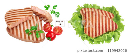 Tuna fish steak grilled isolated on white background with full depth of field, Top view. Flat lay 119942026