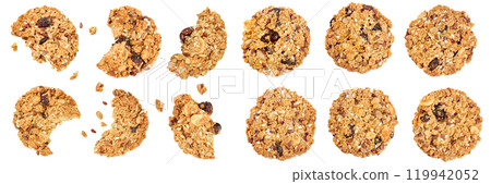 Granola cookie isolated on white background with full depth of field. Top view. Flat lay. Granola cookie isolated on white background with full depth of field. Top view. Flat lay. 119942052
