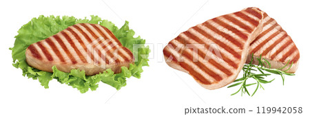 Tuna fish steak grilled isolated on white background with full depth of field Tuna fish steak grilled isolated on white background with full depth of field 119942058