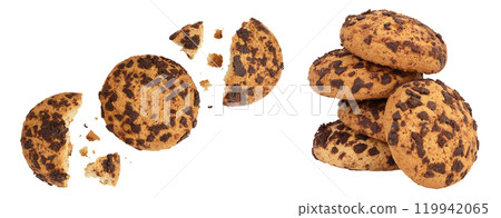 oatmeal chocolate chip cookie isolated on white background. Top view. Flat lay oatmeal chocolate chip cookie isolated on white background. Top view. Flat lay 119942065