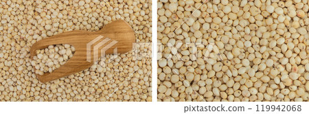 background of sorghum seeds with wooden scoop. Top view. Flat lay. 119942068
