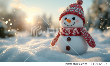 Cute Smiling Snowman in a Cozy Winter Outfit with Snowy Forest Background and Falling Snowflakes Cute Smiling Snowman in a Cozy Winter Outfit with Snowy Forest Background and Falling Snowflakes 119942104