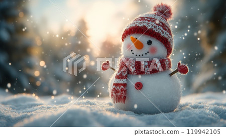 Cute Smiling Snowman in a Cozy Winter Outfit with Snowy Forest Background and Falling Snowflakes Cute Smiling Snowman in a Cozy Winter Outfit with Snowy Forest Background and Falling Snowflakes 119942105