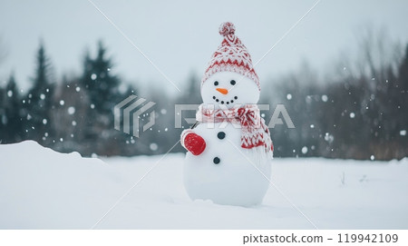Cute Smiling Snowman in a Cozy Winter Outfit with Snowy Forest Background and Falling Snowflakes 119942109