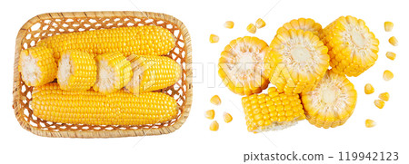 ear of corn in a wicker basket isolated on a white background. Top view. Flat lay ear of corn in a wicker basket isolated on a white background. Top view. Flat lay 119942123