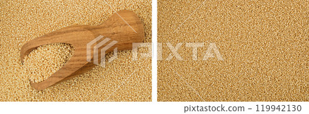 Amaranth grain seeds in wooden scoop as a background. Top view. Flat lay Amaranth grain seeds in wooden scoop as a background. Top view. Flat lay 119942130