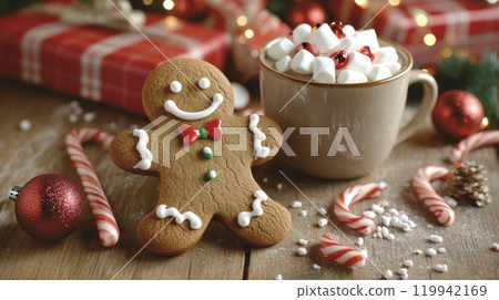 Festive Holiday Scene with Gingerbread Man Cookie, Hot Chocolate, and Candy Canes on a Rustic Wooden Table with Christmas Lights and Gifts in Background 119942169