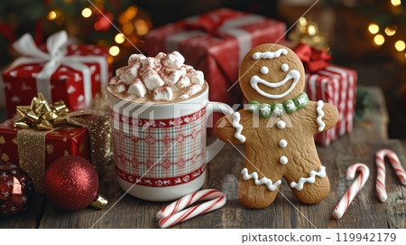 Festive Holiday Scene with Gingerbread Man Cookie, Hot Chocolate, and Candy Canes on a Rustic Wooden Table with Christmas Lights and Gifts in Background Festive Holiday Scene with Gingerbread Man Cookie, Hot Chocolate, and Candy Canes on a Rustic Wooden Table with Christmas Lights and Gifts in Background 119942179