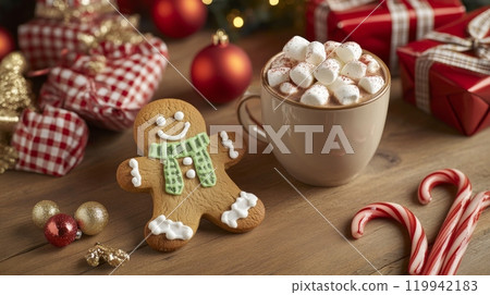 Festive Holiday Scene with Gingerbread Man Cookie, Hot Chocolate, and Candy Canes on a Rustic Wooden Table with Christmas Lights and Gifts in Background 119942183