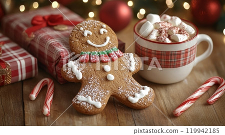 Festive Holiday Scene with Gingerbread Man Cookie, Hot Chocolate, and Candy Canes on a Rustic Wooden Table with Christmas Lights and Gifts in Background 119942185