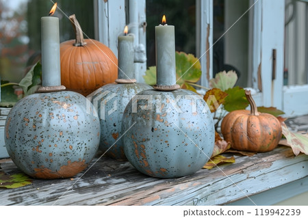 Autumn Decor: Rustic Pumpkins and Candles for Cozy Fall Ambiance Generative AI 119942239