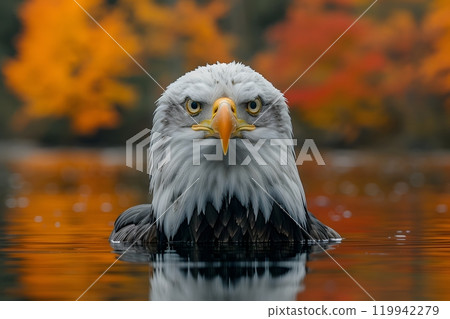Majestic Bald Eagle in Autumn Reflection Over Serene Lake Generative AI 119942279