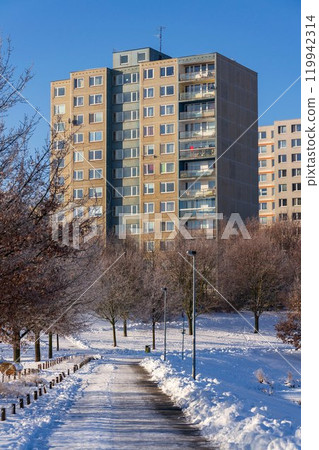 Insulated panel house apartments behind trees, high-rise block of flats, prefabricated tower blocks from concrete slabs, large panel system building, energy efficiency building concept, cold weather 119942314