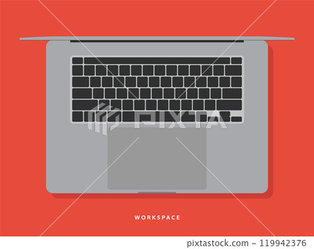 laptop icon in flat style design with keyboard and touchpad top view with shadow on red background. notebook mockup. vector illustration 119942376