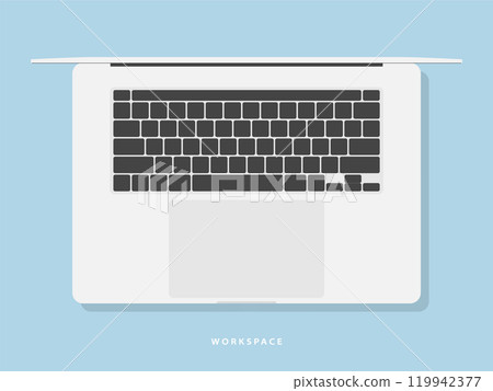 laptop icon in flat style design with keyboard and touchpad top view with shadow on blue background. notebook mockup. vector illustration 119942377