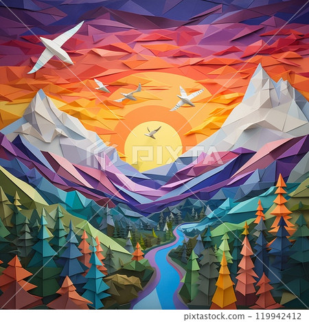 Adventurous paper planes soaring through a sunset sky 119942412