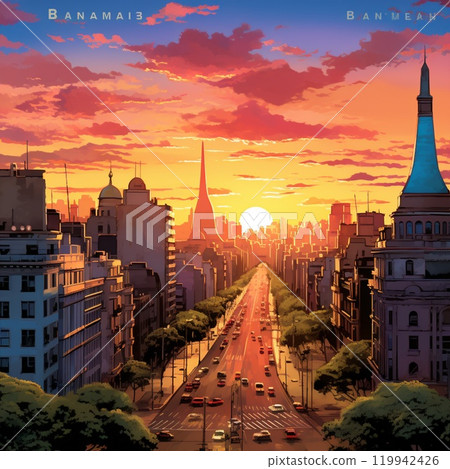 Breathtaking Sunset Over Buenos Aires with Iconic Landmarks 119942426