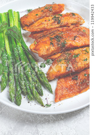 fried fish fillet, tilapia with asparagus, homemade, no people, 119942433