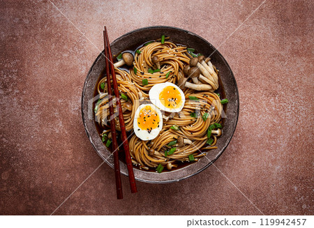 buckwheat noodles, soba, with shimeji mushrooms, boiled egg, green onion, sesame seeds, homemade, no people, buckwheat noodles, soba, with shimeji mushrooms, boiled egg, green onion, sesame seeds, homemade, no people, 119942457