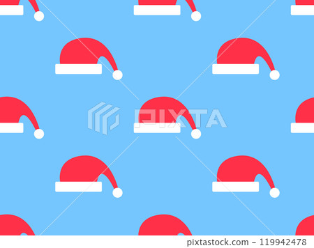 Santa Claus hat seamless pattern. Merry Christmas. Xmas cap on blue background. Festive design for greeting cards, wrapping paper, banners and posters. Vector illustration 119942478