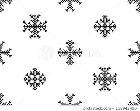 Snowflakes seamless pattern. Black silhouettes of snowflakes on a white background. Geometric snowflakes of different shapes for wallpaper, wrappers and covers. Vector illustration Snowflakes seamless pattern. Black silhouettes of snowflakes on a white background. Geometric snowflakes of different shapes for wallpaper, wrappers and covers. Vector illustration 119942480