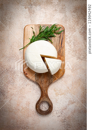 Head of Georgian cheese, Imereti variety, top view, on a cutting board, Head of Georgian cheese, Imereti variety, top view, on a cutting board, 119942492