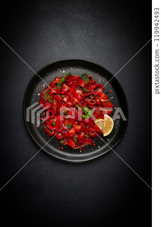 Salmon gravlax with beetroot, Scandinavian snack, beet gravlax, lightly salted fish, homemade, no people, Salmon gravlax with beetroot, Scandinavian snack, beet gravlax, lightly salted fish, homemade, no people, 119942493