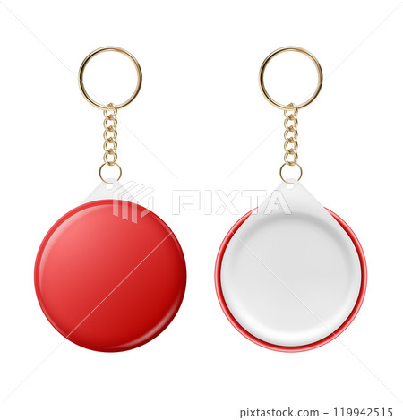 Vector 3d Realistic Round Keychain, Design Template for Printing, Mockup. Round Blank Keychain Design Element for Promo, Souvenir, Prints or Logos. ID Badge Vector Illustration, Front, Back Side View 119942515