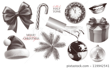 Vintage halftone Christmas dotted overlay elements set - retro parties, gifts and holiday cheer. Trendy vector collection of New Year decor with dots texture on transparent background. Vector Vintage halftone Christmas dotted overlay elements set - retro parties, gifts and holiday cheer. Trendy vector collection of New Year decor with dots texture on transparent background. Vector 119942541