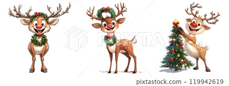 Christmas reindeers with wreaths and Christmas tree on a transparent background. Holiday decorations, Christmas illustrations, reindeer with wreath, festive reindeer characters. Christmas reindeers with wreaths and Christmas tree on a transparent background. Holiday decorations, Christmas illustrations, reindeer with wreath, festive reindeer characters. 119942619