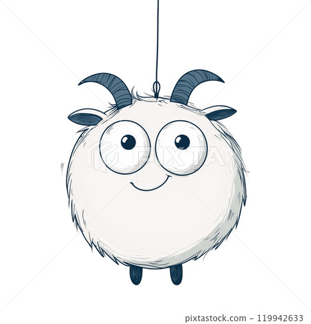 Christmas tree ornament in the shape of a cute animal isolated on a transparent background. Watercolor illustration of a round-shaped goat with big eyes hanging on a string. Christmas decorations. 119942633