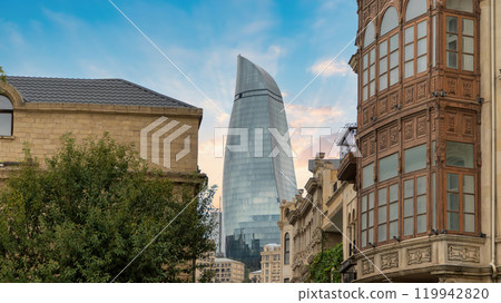 Baku Azerbaijan Flame Towers stand tall against the historic Icherisheher, blending modern architecture with the charm of Baku's old town, Azerbaijan Baku Azerbaijan Flame Towers stand tall against the historic Icherisheher, blending modern architecture with the charm of Baku's old town, Azerbaijan 119942820