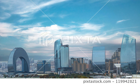 Baku Azerbaijan skyline with The Crescent Development Project and Port Baku towers against Baku's skyline, showcasing innovative architecture by the Caspian Sea in Azerbaijan vibrant capital. Baku Azerbaijan skyline with The Crescent Development Project and Port Baku towers against Baku's skyline, showcasing innovative architecture by the Caspian Sea in Azerbaijan vibrant capital. 119942821