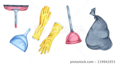 Set of cleaning tools and trash bag. Yellow rubber gloves, dustpan, plunger and window squeegee. Cartoon style watercolor illustration. Cliparts for housekeeping, janitorial services, spring cleaning 119942853