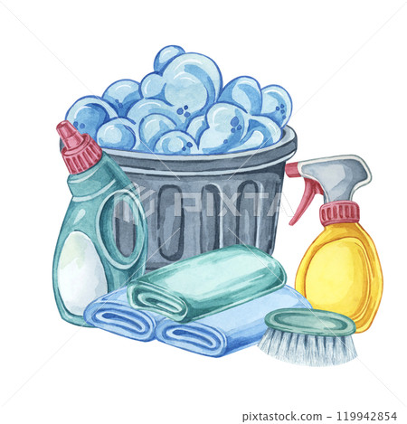 Laundry washing bin with detergent, fabric softener, stain remover and folded linen. Clothes cleaning watercolor illustration. Clipart for laundromats, maid service, housekeeping supplies packaging 119942854