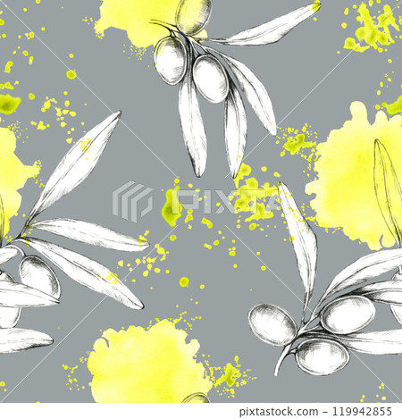Olives and branches in pencil with bright yellow watercolor accents on grey background. Seamless pattern. Ideal for textile design, wallpaper, or packaging, offering a lively and natural element Olives and branches in pencil with bright yellow watercolor accents on grey background. Seamless pattern. Ideal for textile design, wallpaper, or packaging, offering a lively and natural element 119942855
