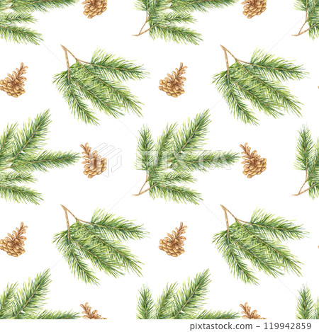 Spruce branches and pine cones with green needles arranged in a seamless watercolor pattern. Fir clipart Great for festive textiles, gift wrapping, home decor, and holiday-themed product packaging 119942859