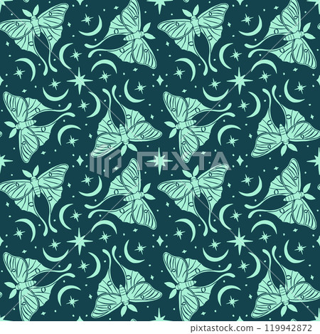 Monochrome seamless pattern with celestial luna moth and paisley motif 119942872